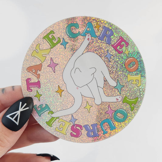 "Take Care of Yourself" Cat Butthole Sticker, 3 in.