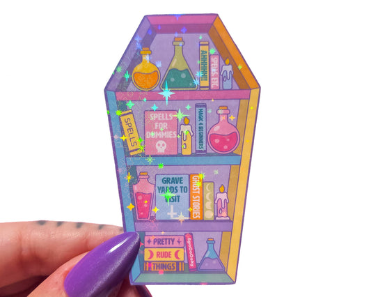 Coffin Bookcase Holographic Halloween Sticker, 3 x 1.9 in.: Holographic Dots