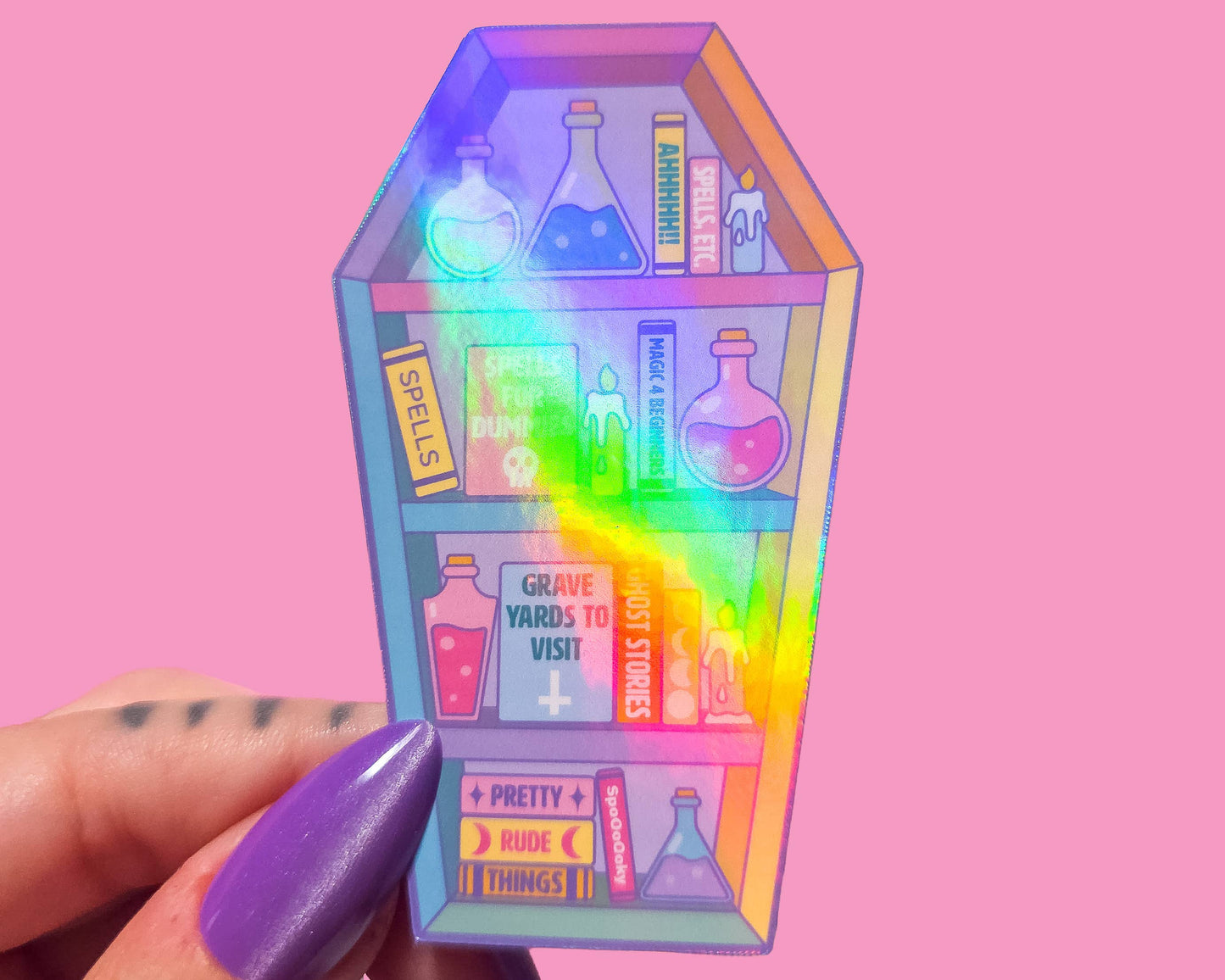 Coffin Bookcase Holographic Halloween Sticker, 3 x 1.9 in.: Holographic Dots