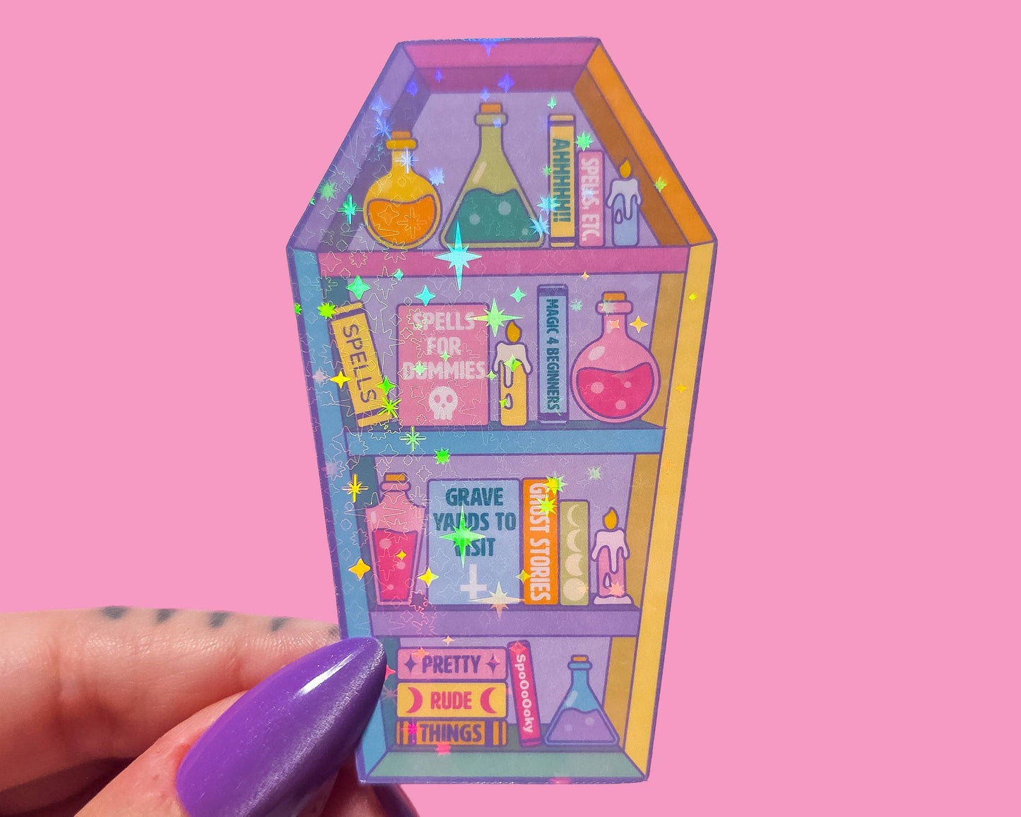 Coffin Bookcase Holographic Halloween Sticker, 3 x 1.9 in.: Holographic Dots
