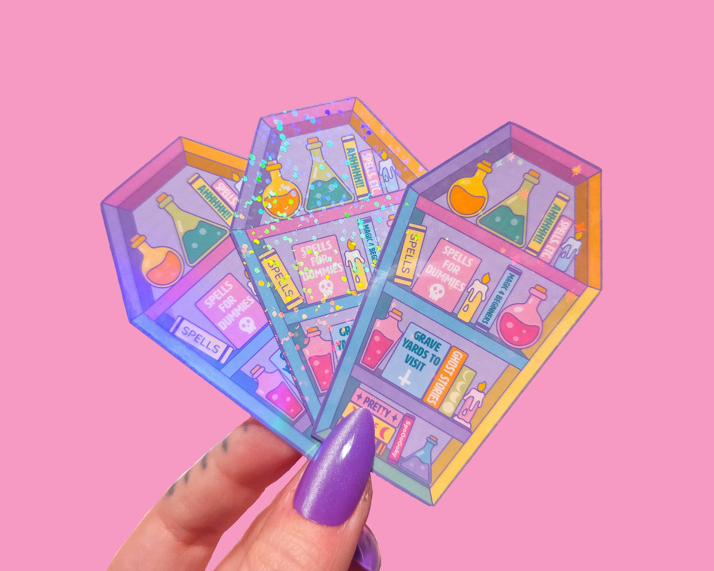 Coffin Bookcase Holographic Halloween Sticker, 3 x 1.9 in.: Holographic Dots