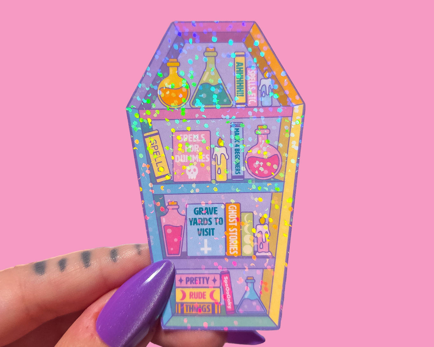 Coffin Bookcase Holographic Halloween Sticker, 3 x 1.9 in.: Holographic Dots