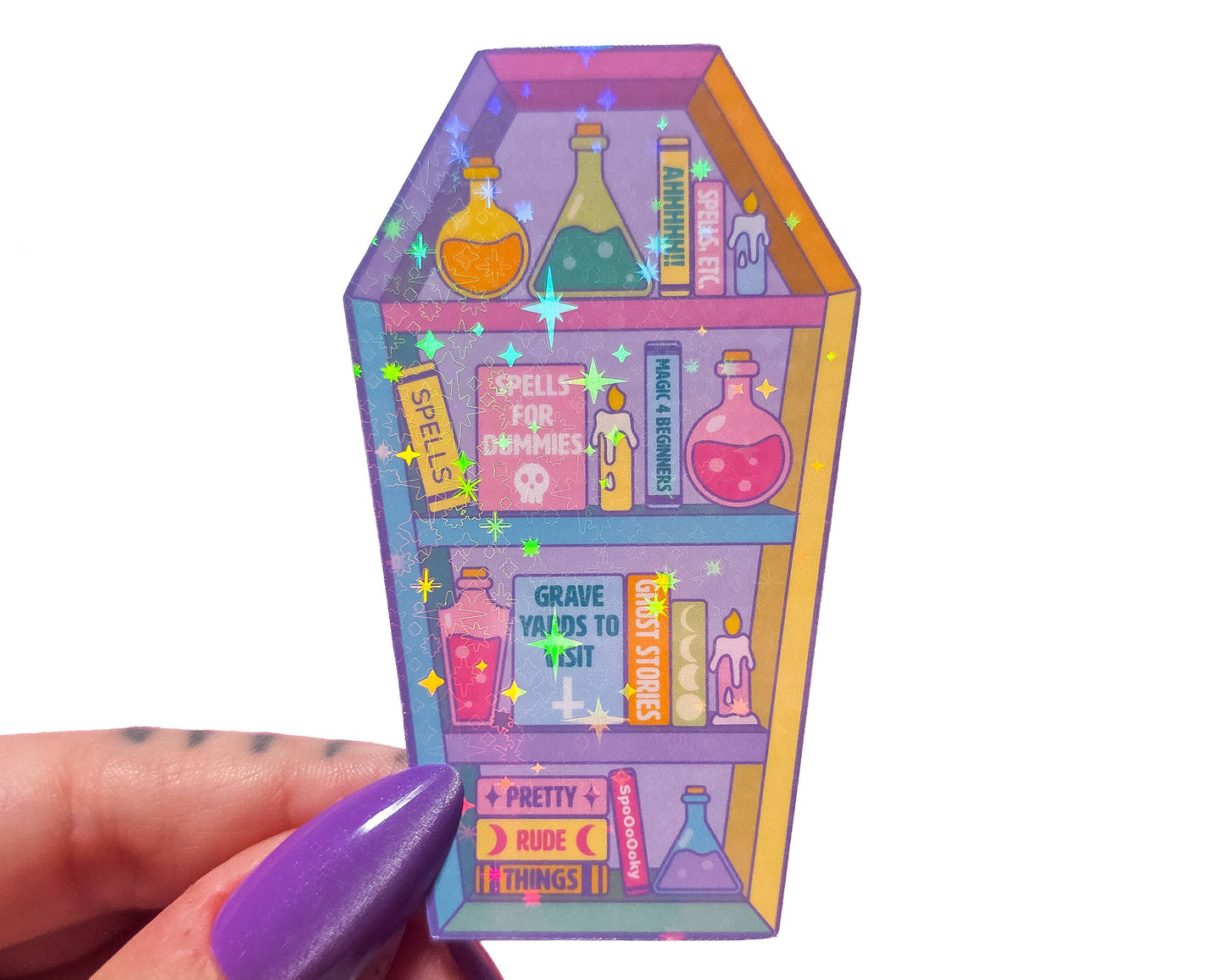 Coffin Bookcase Holographic Halloween Sticker, 3 x 1.9 in.: Holographic Dots